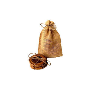 teak wood coaster in burlap bag